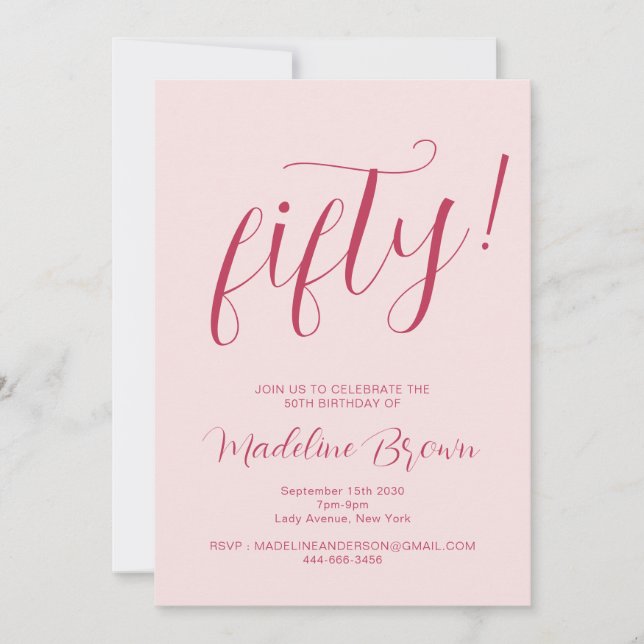 Invitation Typographie Script Blush Pink 50e anniversaire (Devant)
