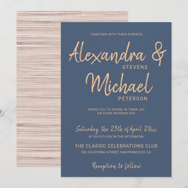 Invitation Typographie script marine cuivre moderne mariage (Devant / Derrière)