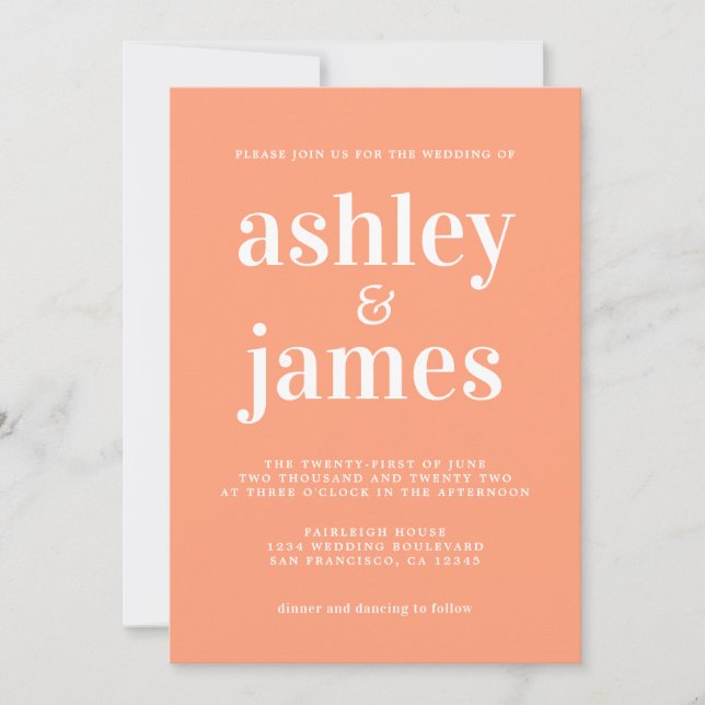 Invitation Typographie simple chic Cantaloupe Mariage orange (Devant)