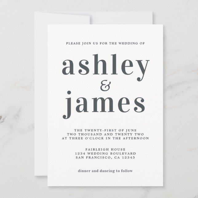 Invitation Typographie simple chic Mariage noir blanc (Devant)
