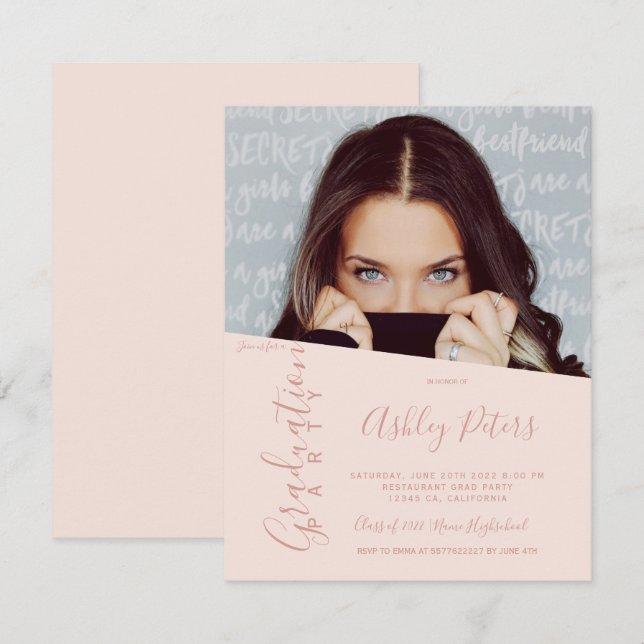 Invitation Typographie simple de poutre blush graduation phot (Devant / Derrière)