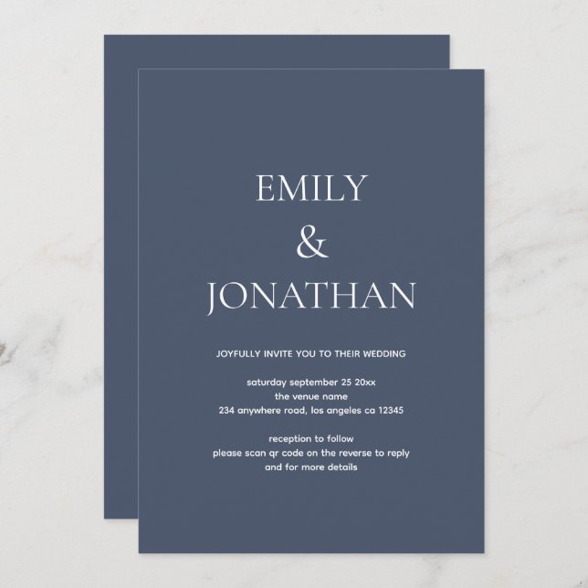 Invitation Typographie simple Dusty Navy Code QR Mariage (Devant / Derrière)