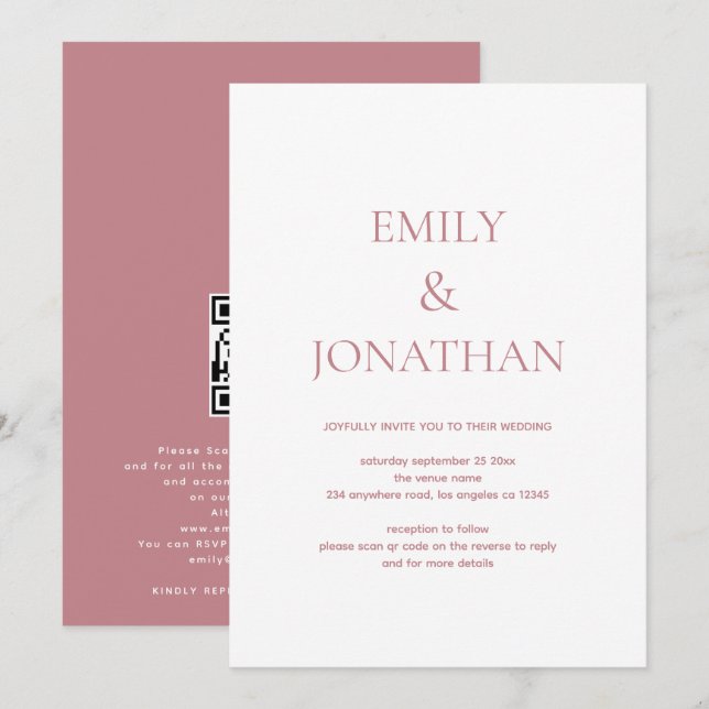 Invitation Typographie simple Dusty Rose Mariage de code QR (Devant / Derrière)