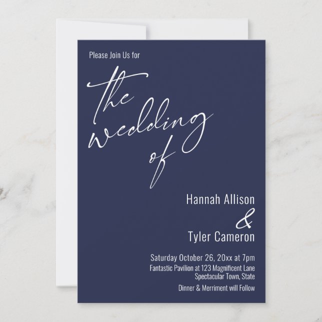 Invitation Typographie Simple Élégante Le Mariage de Bleu Nui (Devant)