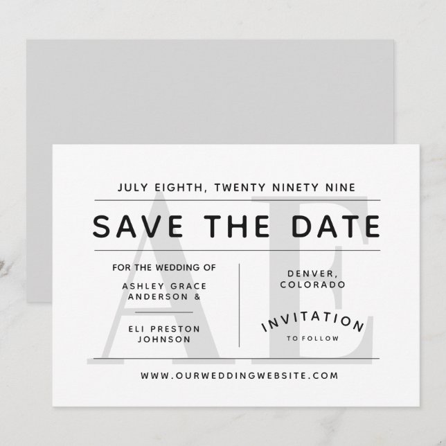 Invitation Typographie simple en gris doux Enregistrer la dat (Devant / Derrière)
