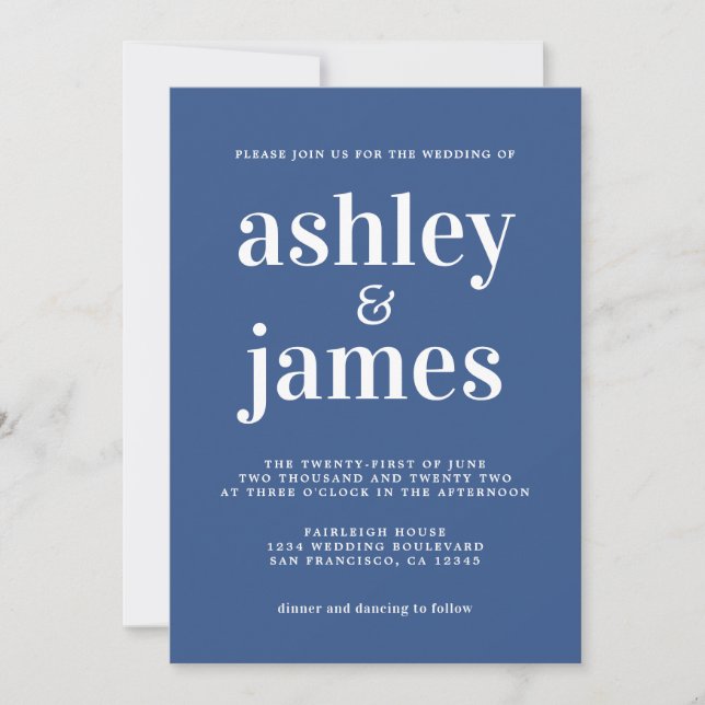 Invitation Typographie simple et chic Mariage bleu classique (Devant)