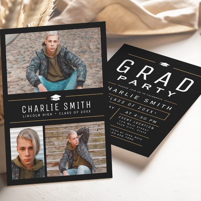 Invitation Typographie simple moderne 3 Photo Fête de fin d'é (Modern Simple Typography 3 Photo Graduation Party Invitation)