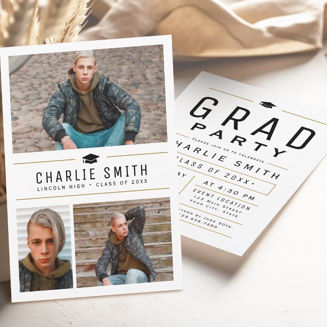 Invitation Typographie simple moderne 3 Photo Fête de remise  (Modern Simple Typography 3 Photo Graduation Party Invitation)