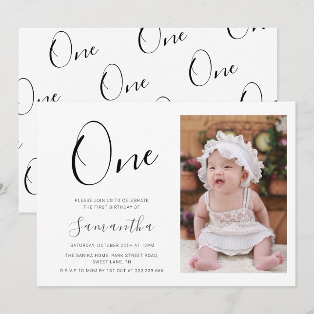 Invitation Typographie simple Photo 1er anniversaire (Devant / Derrière)