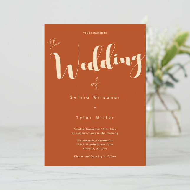 Invitation Typographie stylisée Mariage orange brûlé (Debout devant)