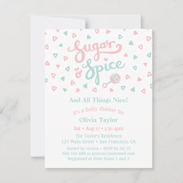 Invitation Typographie Sugar and Spice Fille Baby Shower (Devant)
