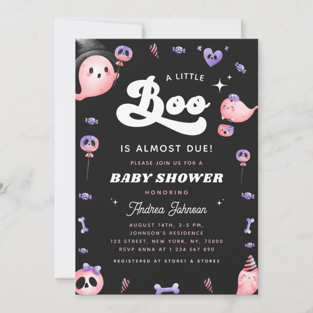 Invitation Typographie super et Baby shower Fille Fantôme Ros (Devant)