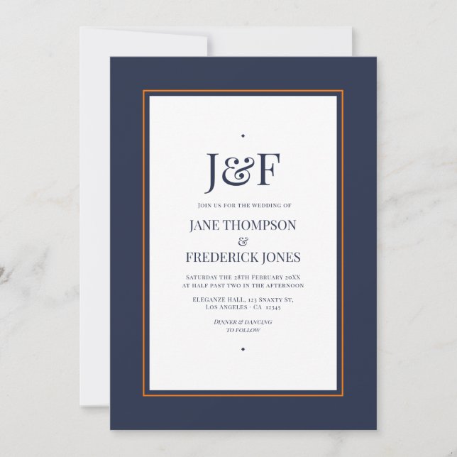 Invitation Typographie Tendance Mariage Bleu Marine et Orange (Devant)