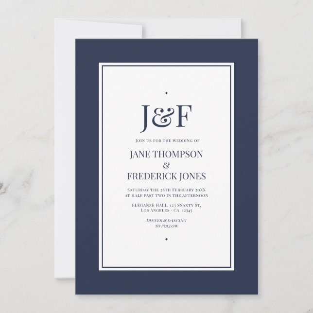 Invitation Typographie Tendance Mariage Bleu Nuit et Blanc (Devant)