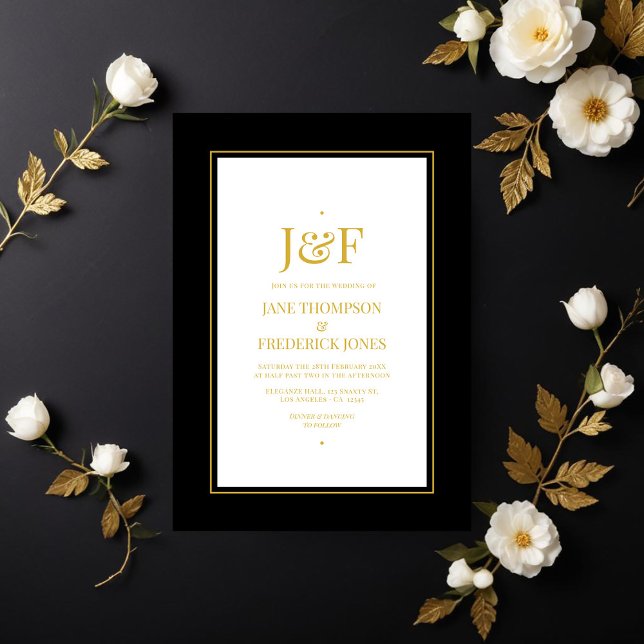 Invitation Typographie tendance Mariage noir et or (Trendy Typography Black and Gold Wedding Invitation)