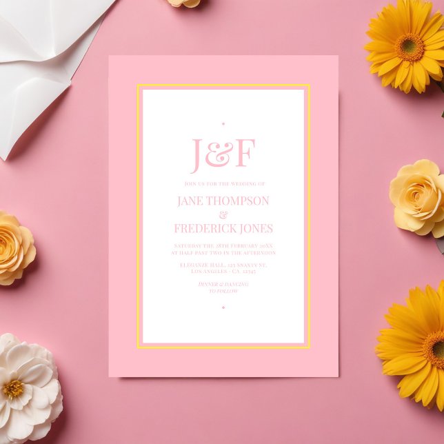 Invitation Typographie tendance Mariage rose et jaune (Trendy Typography Pink and Yellow Wedding Invitation)