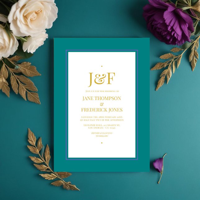 Invitation Typographie tendance Turquoise, violet et Mariage  (Trendy Typography Teal, Purple and Gold Wedding Invitation)