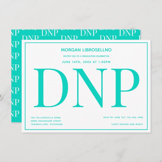 Invitation Typographie Turquoise White DNP Graduation Party (Devant / Derrière)