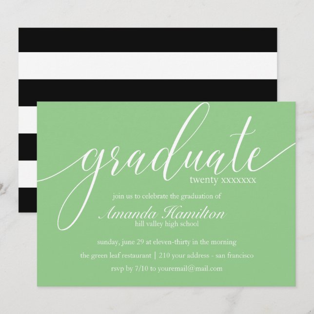 Invitation Typographie Vert Gazon Diplômé toute année (Devant / Derrière)