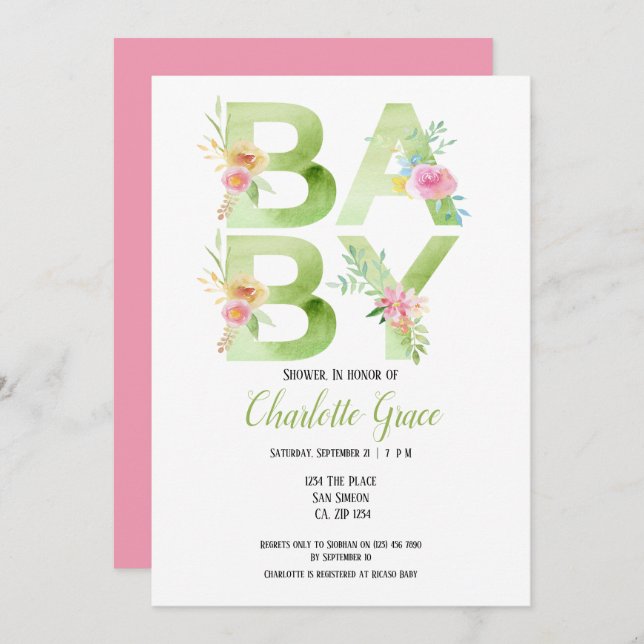Invitation Typographie Vert Texte rose Baby shower Fleurs (Devant / Derrière)