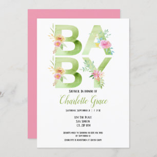 Invitation Typographie Vert Texte rose Baby shower Fleurs