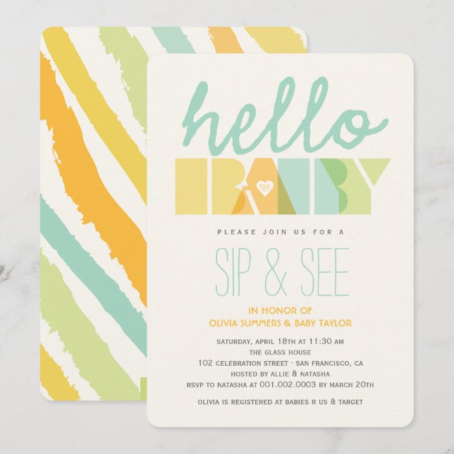 Invitation Typographie verte chic Sip & See Baby Shower Hello (Devant / Derrière)