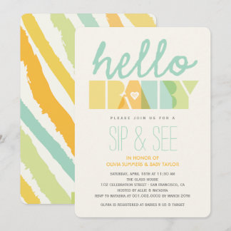Invitation Typographie verte chic Sip & See Baby Shower Hello