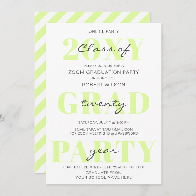 Invitation Typographie verte Moderne en ligne Graduation Part (Devant / Derrière)