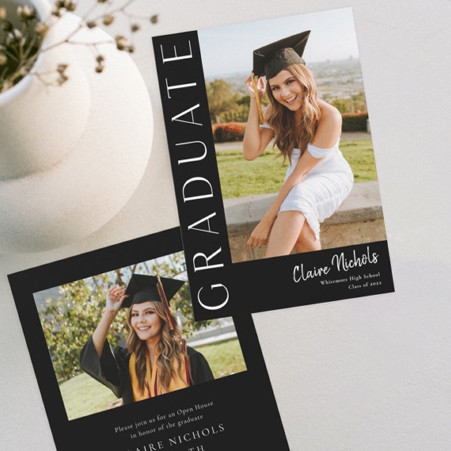Invitation Typographie verticale moderne Photo remise de dipl (Modern Black and White Typography Graduate 2 Photo Graduation Invitations.)
