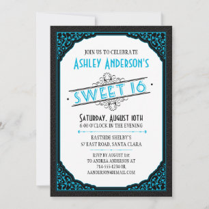 Invitation Typographie vintage Défilement Noir Neon Bleu Doux
