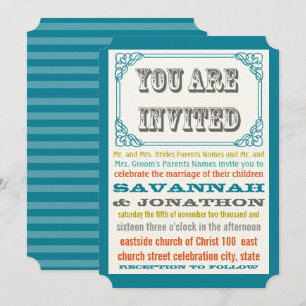 Invitation Typographie vintage des billets Turquoise Coral or