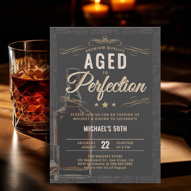 Invitation Typographie Whisky Vieilli à la Perfection 50e Ann (whiskey birthday invitation for him 50th bourbon aged to perfection black gold template card)