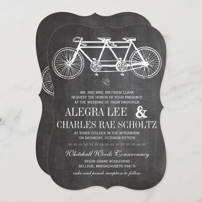 Invitation Typography Chalkboard Retro Bicycle Built for Two (Devant / Derrière)