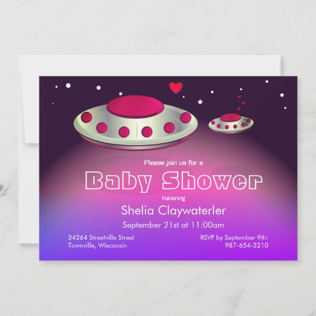 Invitation UFO et bébé UFO Magenta Purple| Baby shower (Devant)