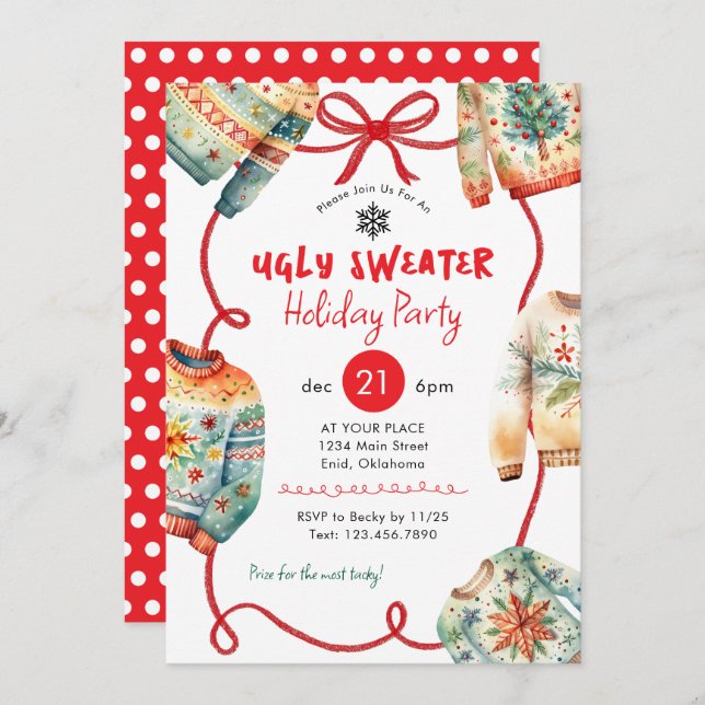 Invitation Ugly Sweater Holiday Party Watercolor (Devant / Derrière)