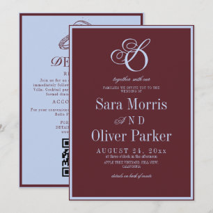 Invitation Ultra Moderne Mariage Monogramme Rouge Vin & Bleu