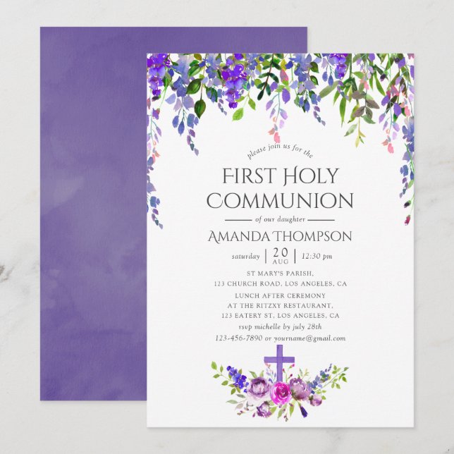 Invitation Ultra Violet Floral Première Sainte Communion (Devant / Derrière)