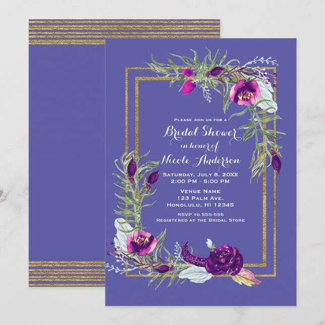 Invitation Ultra Violet Violet et Or Fleurs Mariage Shower (Devant / Derrière)