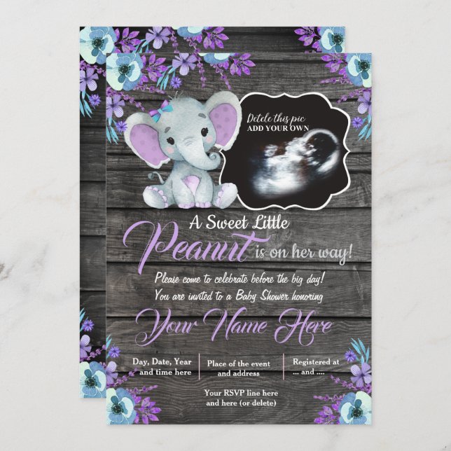 Invitation Ultrasound Baby shower éléphant Invitation, rustiq (Devant / Derrière)