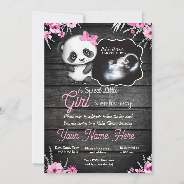 Invitation Ultrasound fille Panda Baby shower Fleurs rustique (Devant)