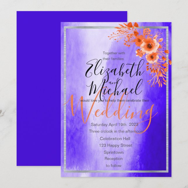 Invitation UlUV moderne/ Violet / Floral orange (Devant / Derrière)