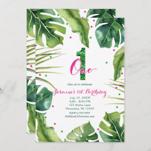 Invitation UN 1 1er anniversaire Feuilles tropicaux vert rose
