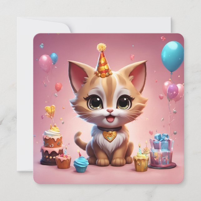 Invitation Un adorable chaton qui fête son anniversaire (Devant)