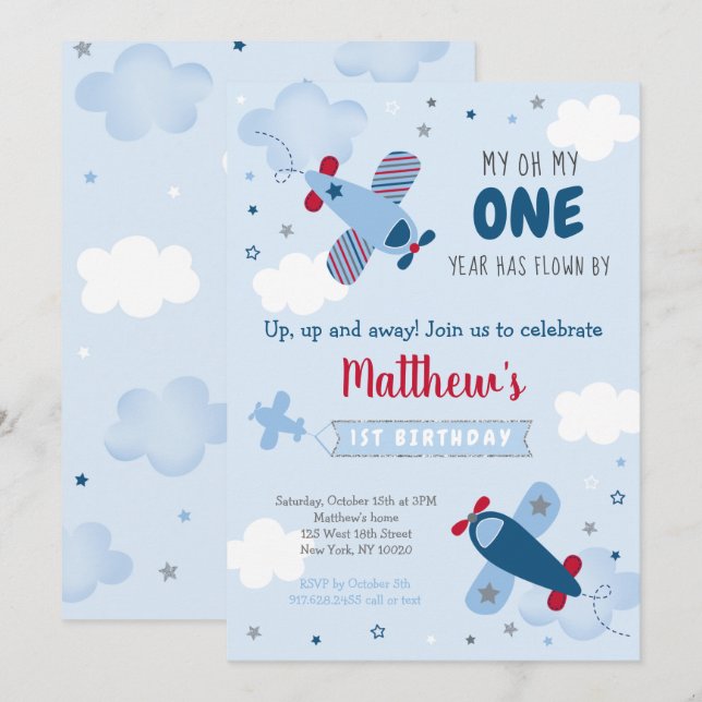 Invitation Un Aéronef Mignonne Étoiles Nuages Premier Anniver (Devant / Derrière)