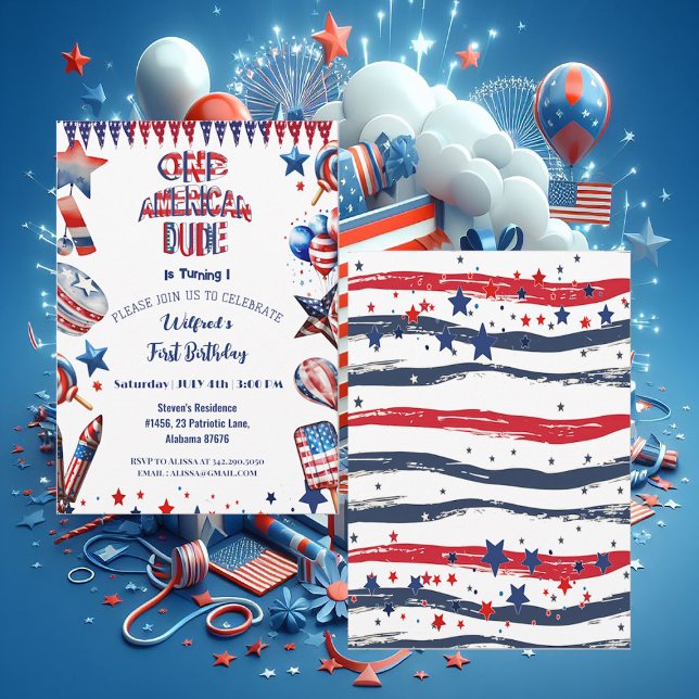 Invitation Un Américain Dude 4 Juillet Rouge Blanc Bleu Anniv (One American Dude 4 July Red White Blue Birthday Invitation)