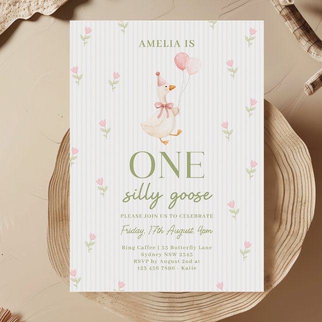 Invitation Un an Canard Silly Floral Anniversaire Ruban Rose (Créateur téléchargé)