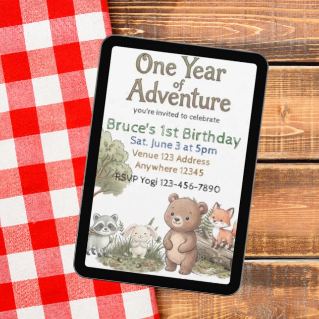 Invitation Un an d'aventure 1er anniversaire Amis de la forêt (Créateur téléchargé)