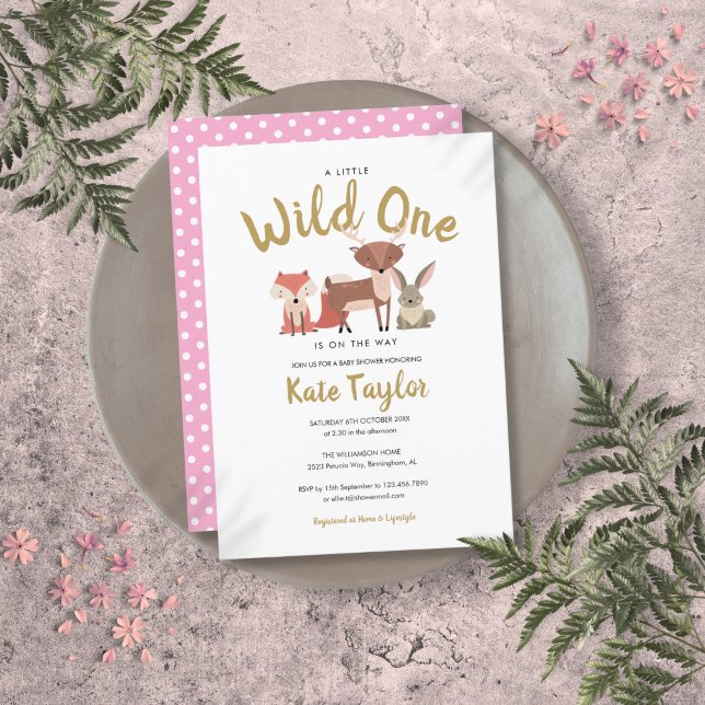 Invitation Un animal sauvage de forêt Baby shower rose (Wild One Woodland Animals Pink Baby Shower Invitation)