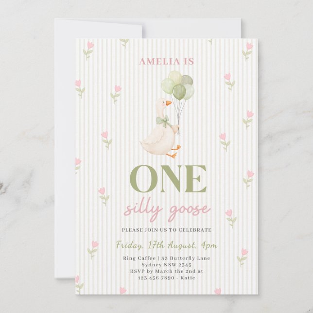 Invitation Un anniversaire de 1 an Floral Silly Goose (Devant)