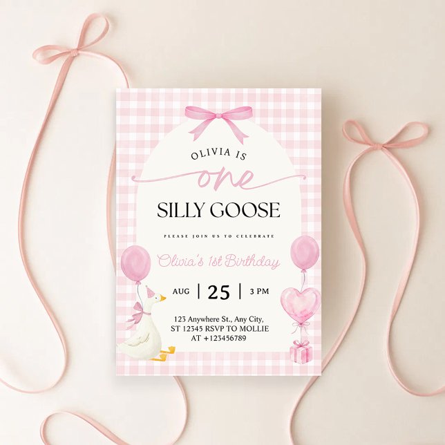 Invitation Un Anniversaire de 1 an Silly Goose Bleu Gingham R (Créateur téléchargé)